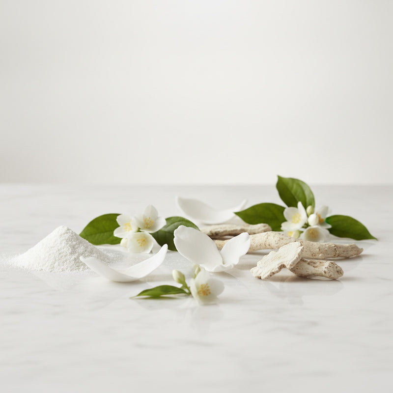 Porcelain — Delicate white porcelain petals scattered with jasmine flowers, rice powder, and creamy white musk root on m