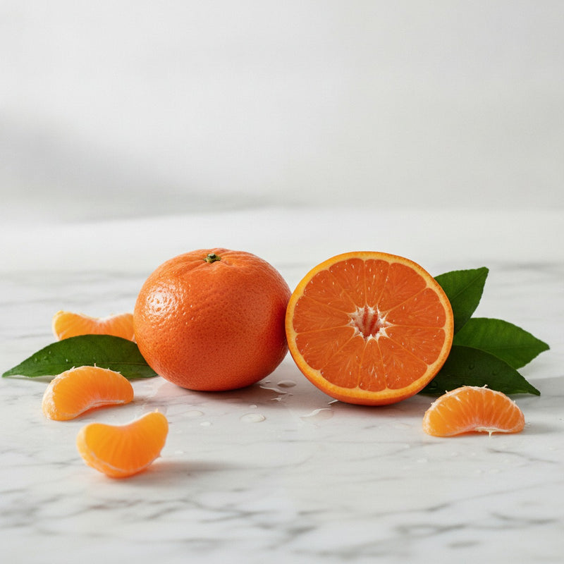 Red Mandarin — Freshly halved red mandarins with glossy peel and scattered segments on white marble.