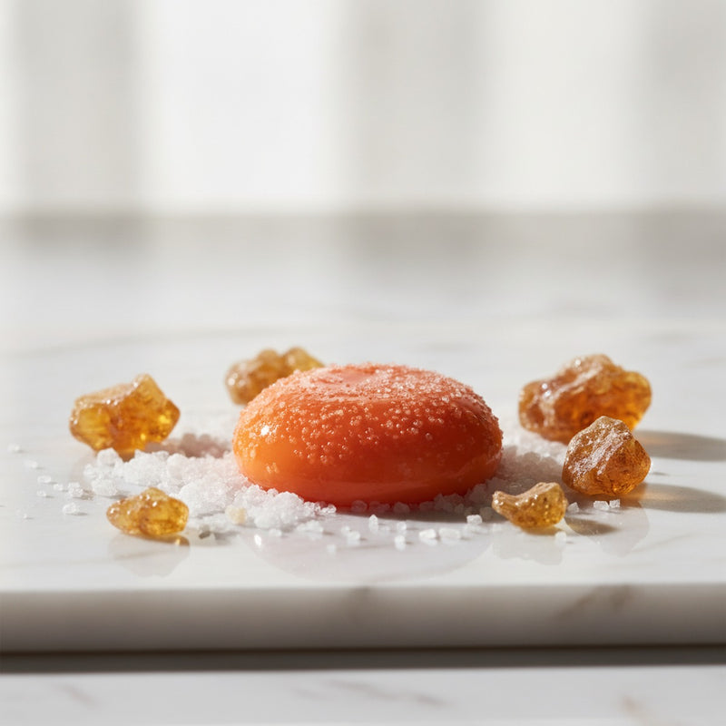 Salted Egg Yolk — Cracked salted egg yolk nestled among sea salt crystals and golden amber resin on marble.