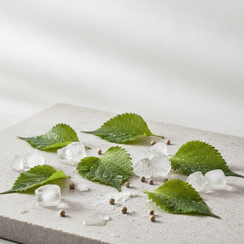 Shiso — Fresh shiso leaves with morning dew, scattered on pale stone with crushed ice and white pepper berries.