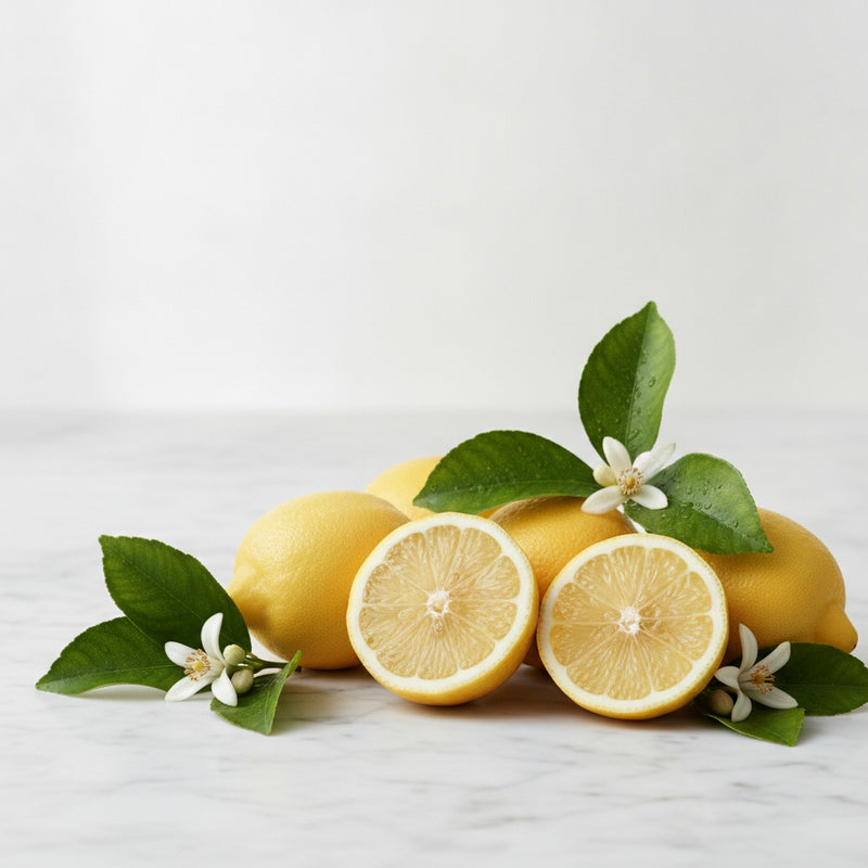Sicilian Lemon — Freshly cut Sicilian lemons with leaves and blossoms arranged on white marble.