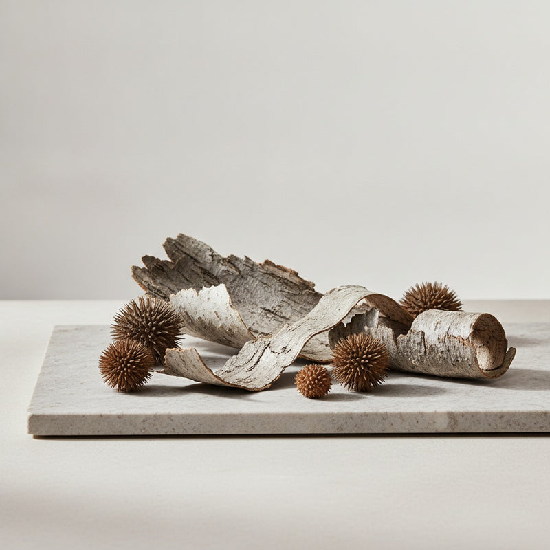 Sycamore — Weathered sycamore bark fragments and fallen seeds arranged on pale stone with soft natural light.