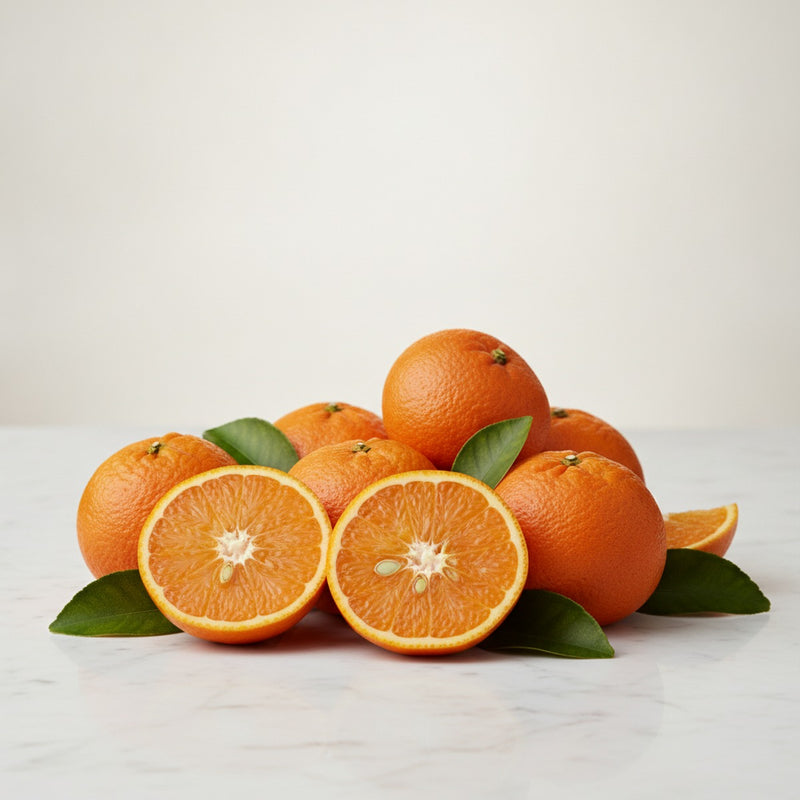 Tangelo — Fresh tangelo citrus fruits halved and whole, scattered with green leaves on white marble.