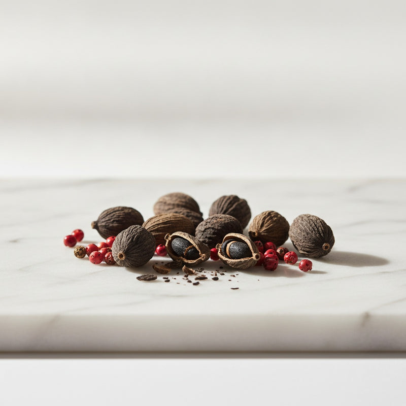 Timur — Scattered black cardamom pods with crushed seeds and dried pink peppercorns on white marble.