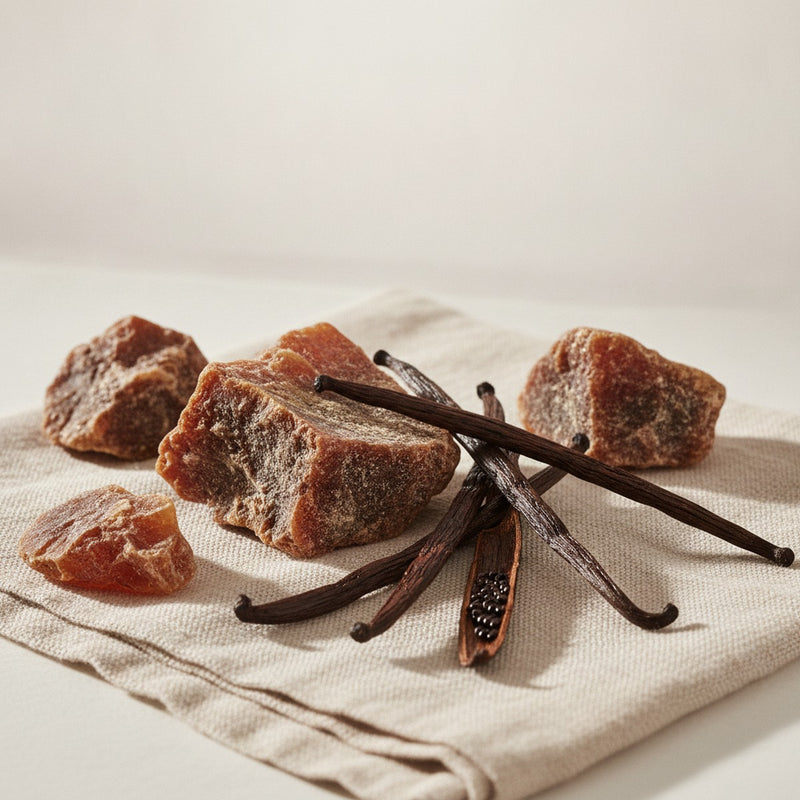 Tolu Balsam — Weathered tolu balsam resin chunks and vanilla pods arranged on pale linen with soft shadows.