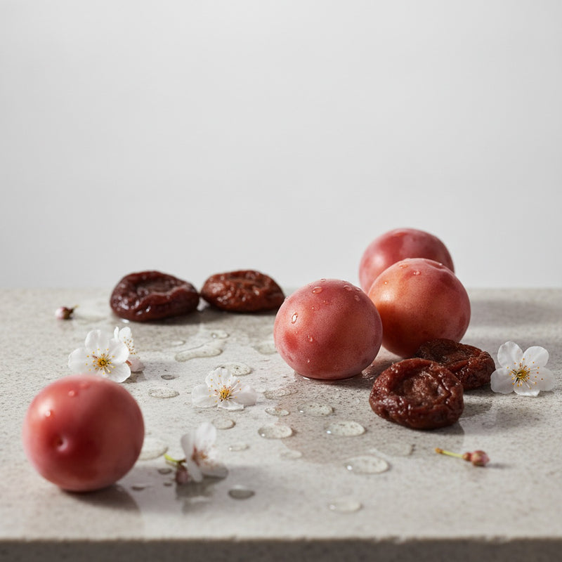 Umeshu — Japanese ume plums, fresh and preserved, scattered with sake and delicate white blossoms on pale stone.