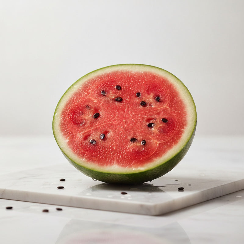 Watermelon — Halved watermelon with glistening seeds and flesh on white marble, morning dew droplets.