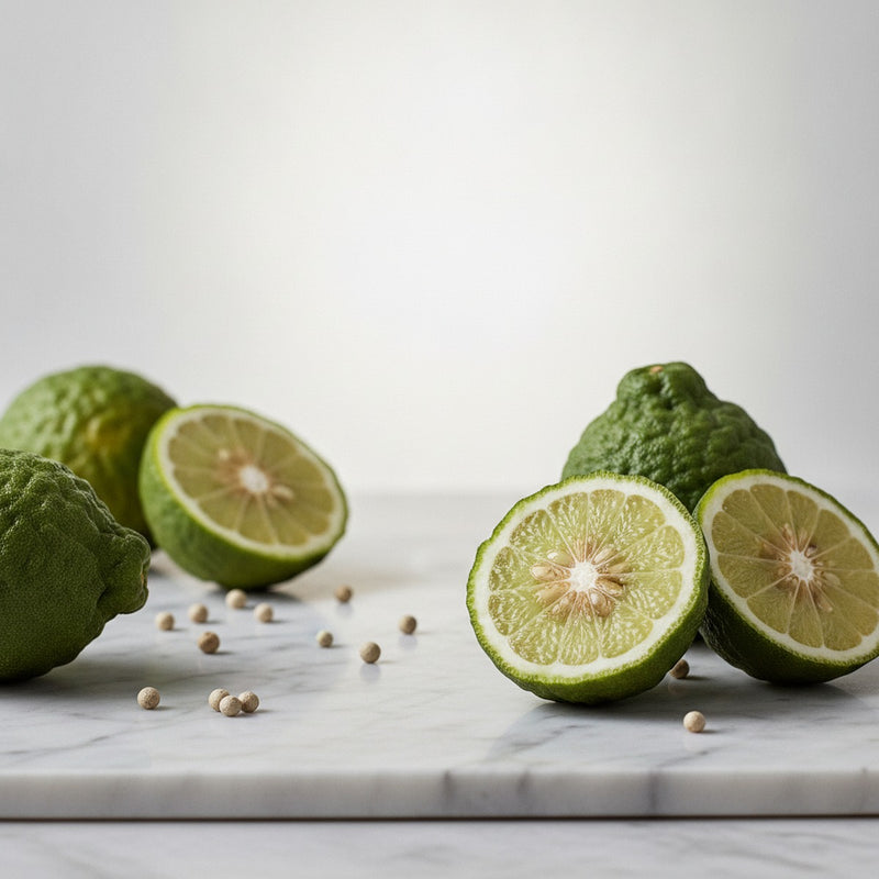 White Bergamot — Fresh bergamot fruits halved and whole, scattered with white pepper berries on pale marble.