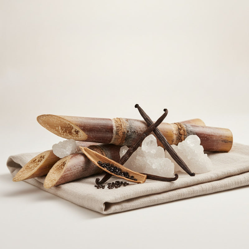 White Rum — Weathered sugarcane stalks with crystallized sugar shards and dried vanilla pods on pale linen.