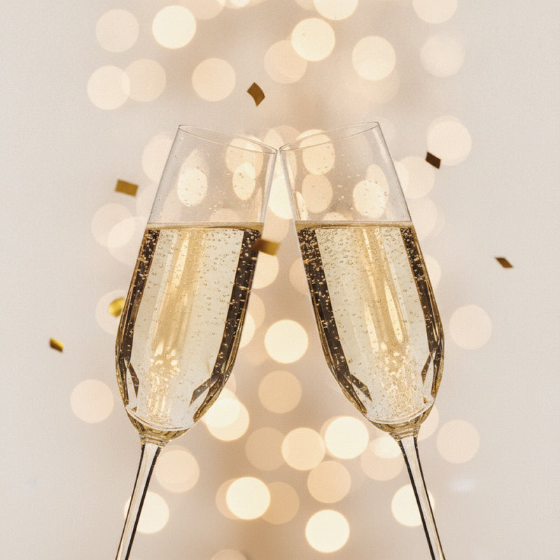 Champagne flutes toasting with golden bubbles — special celebration fragrance occasion